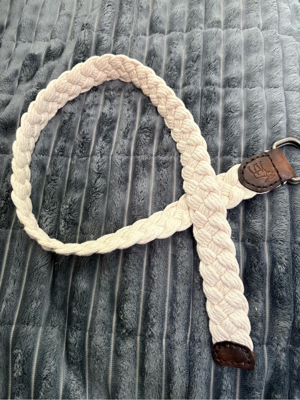Ralph Lauren Cream Braided Cotton Belt with Brown Leather Trim